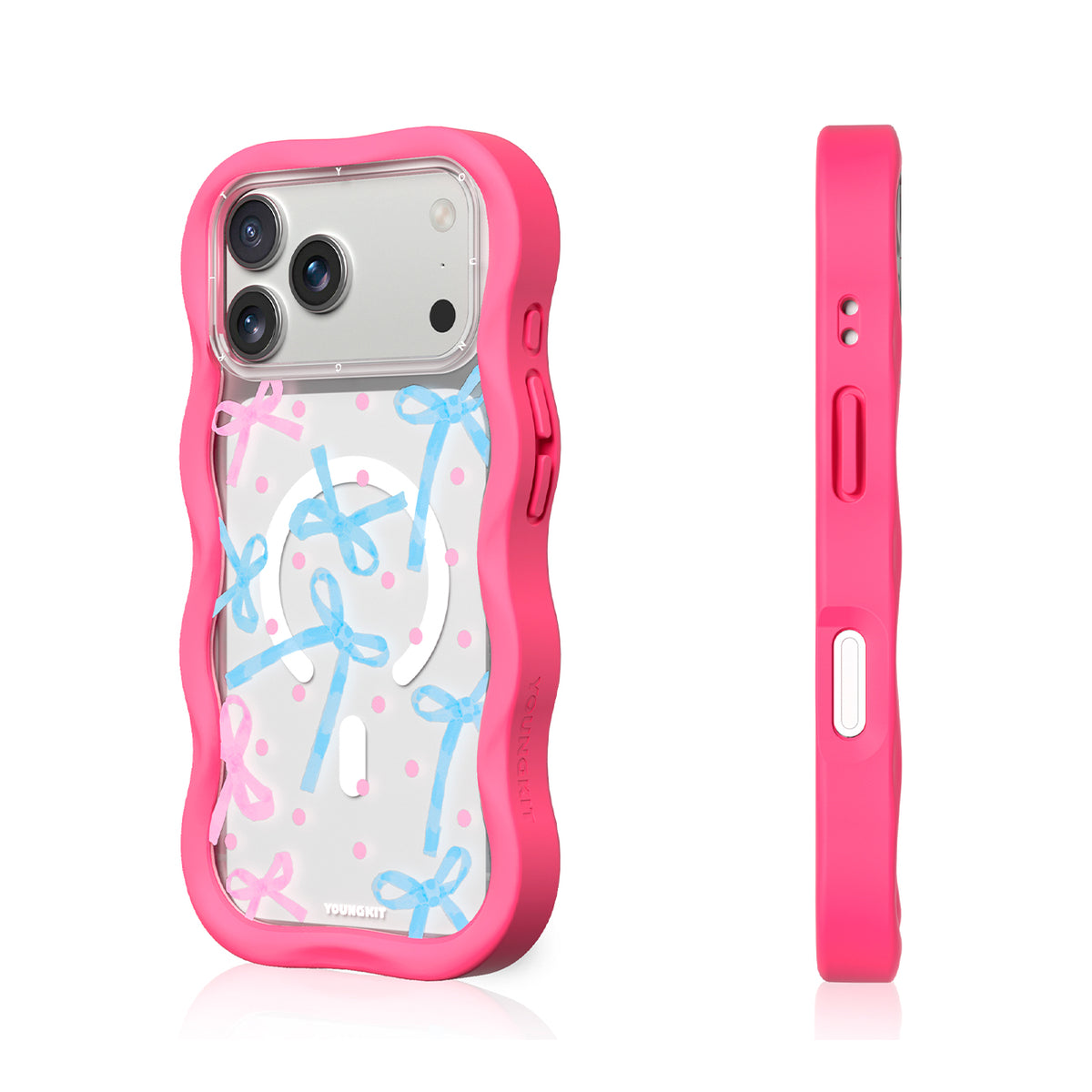 YOUNGKIT Funda Wavy para iPhone 17 Pro/18 Pro Compatible con MagSafe, Lazo, Rosa Neón