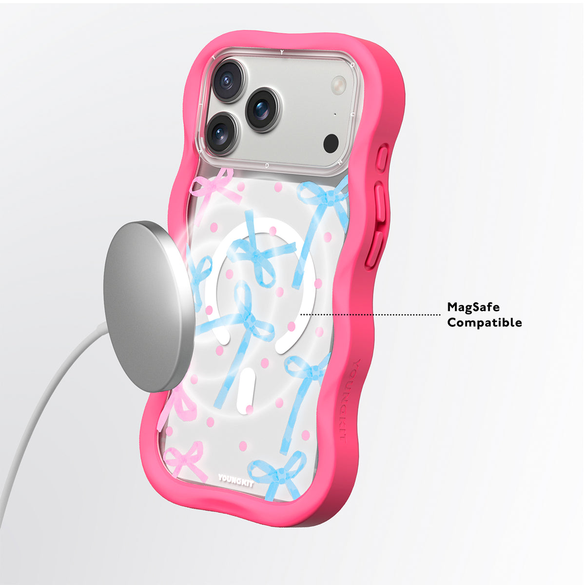 YOUNGKIT Funda Wavy para iPhone 17 Pro/18 Pro Compatible con MagSafe, Lazo, Rosa Neón