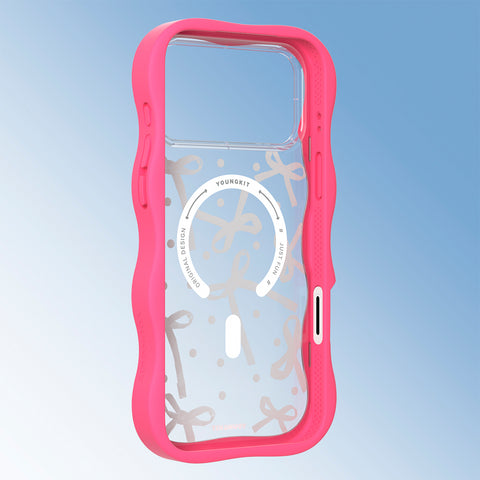 YOUNGKIT Funda CHD Sweetheart Wavy para iPhone 17 Pro Compatible con MagSafe, Marco de Silicona y Trasera Removible, Lazo, Rosa Neón
