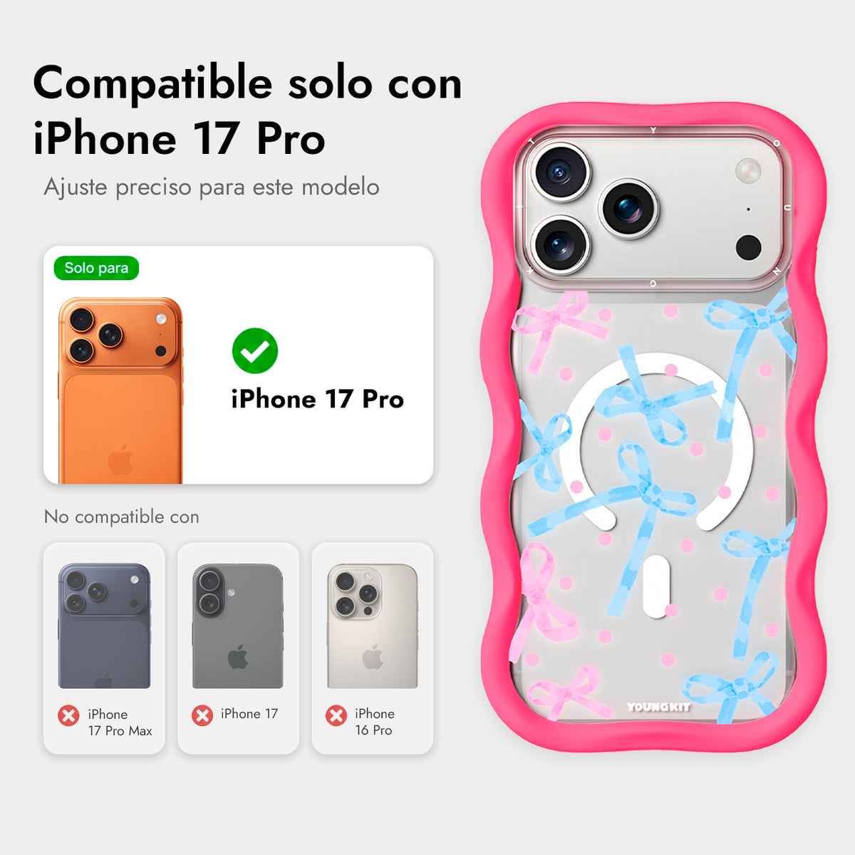 YOUNGKIT Funda Wavy para iPhone 17 Pro/18 Pro Compatible con MagSafe, Lazo, Rosa Neón