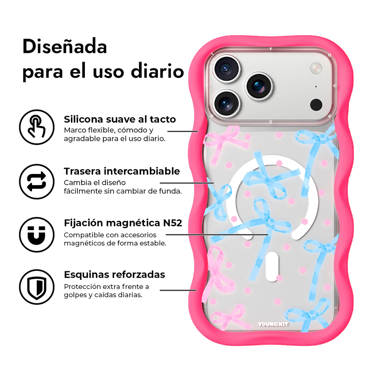 YOUNGKIT Funda Wavy para iPhone 17 Pro Max/18 Pro Max Compatible con MagSafe, Lazo, Rosa Neón