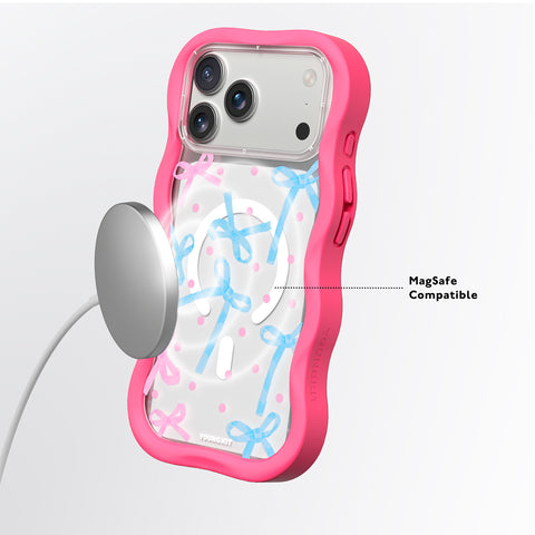 YOUNGKIT Funda CHD Sweetheart Wavy para iPhone 17 Pro Max Compatible con MagSafe, Marco de Silicona y Trasera Removible, Lazo, Rosa Neón