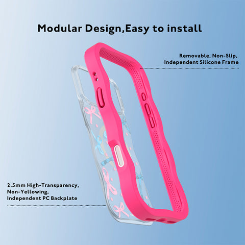 YOUNGKIT Funda CHD Sweetheart Wavy para iPhone 17 Pro Max Compatible con MagSafe, Marco de Silicona y Trasera Removible, Lazo, Rosa Neón
