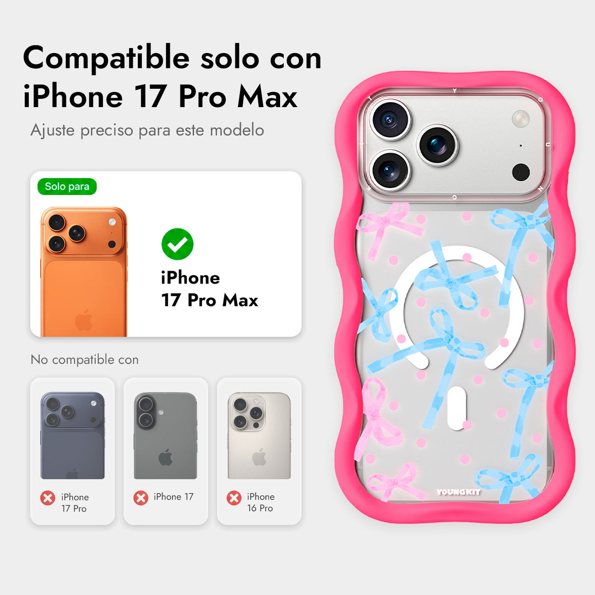 YOUNGKIT Funda Wavy para iPhone 17 Pro Max/18 Pro Max Compatible con MagSafe, Lazo, Rosa Neón