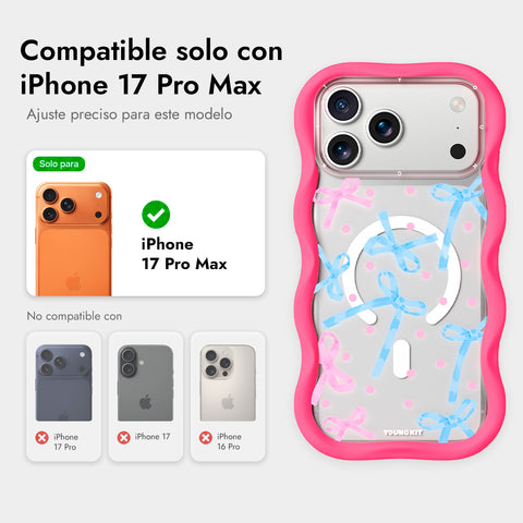 YOUNGKIT Funda CHD Sweetheart Wavy para iPhone 17 Pro Max Compatible con MagSafe, Marco de Silicona y Trasera Removible, Lazo, Rosa Neón