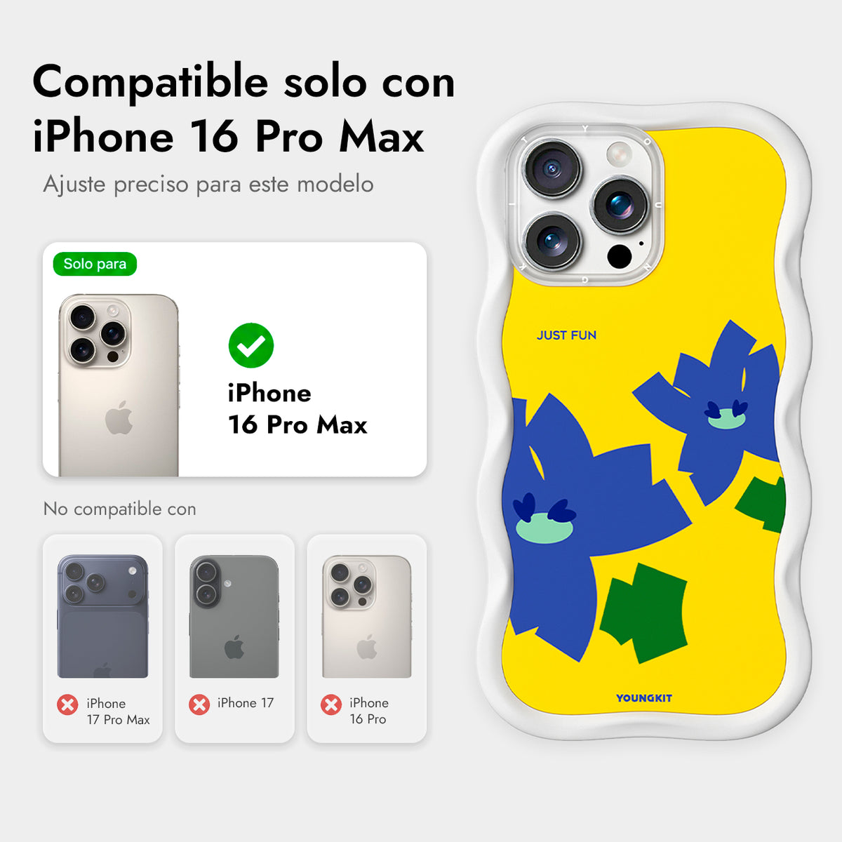 YOUNGKIT Funda CHD4 Floral Wavy para iPhone 16 Pro Max Compatible con MagSafe, Marco de Silicona y Trasera Removible, Iris Morado, Blanco Cloud Dance
