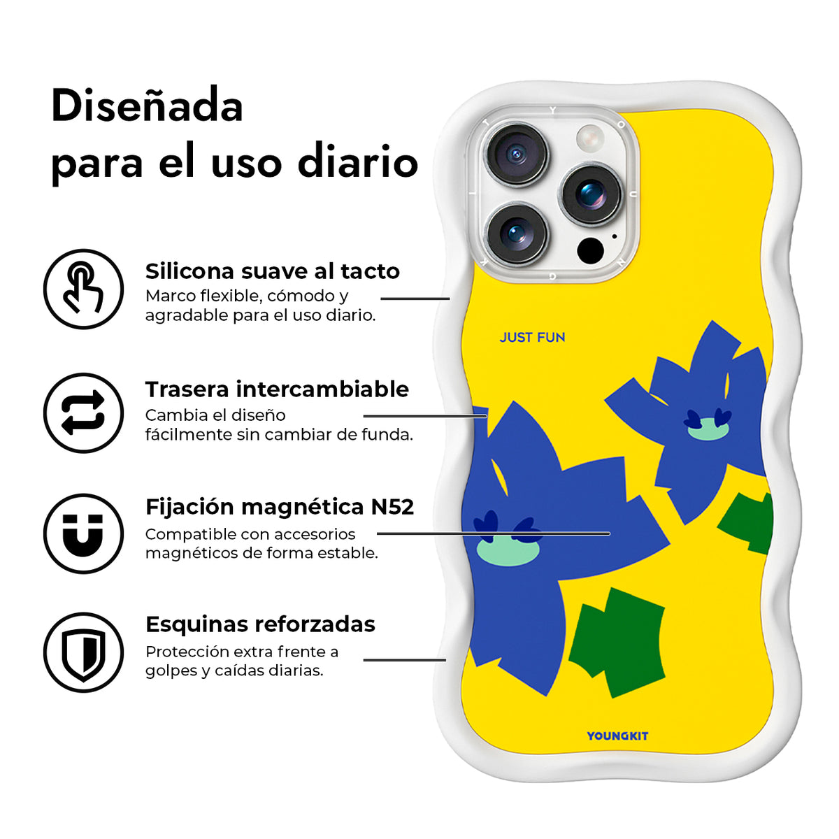 YOUNGKIT Funda CHD4 Floral Wavy para iPhone 16 Pro Max Compatible con MagSafe, Marco de Silicona y Trasera Removible, Iris Morado, Blanco Cloud Dance