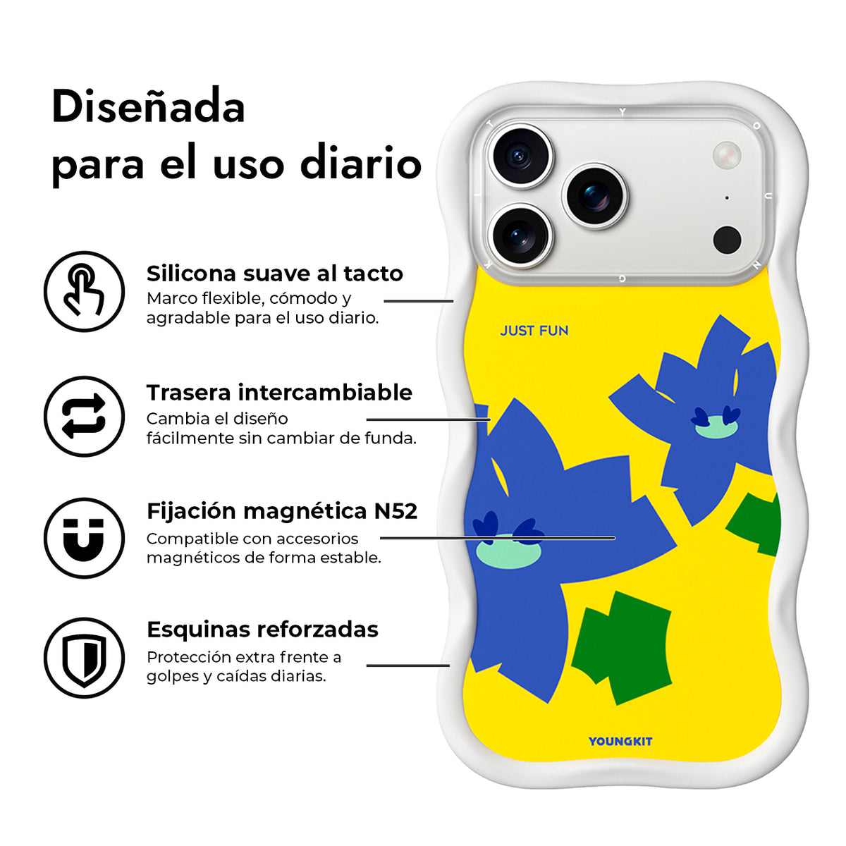 YOUNGKIT Funda Wavy para iPhone 17 Pro Max/18 Pro Max Compatible con MagSafe, Iris Morado, Blanco Cloud Dance