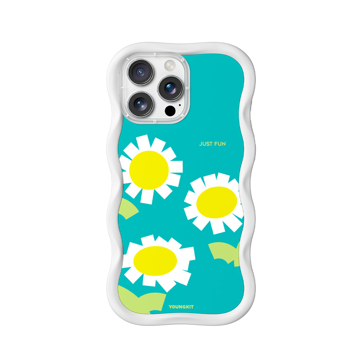 YOUNGKIT Funda CHD4 Floral Wavy para iPhone 16 Pro Compatible con MagSafe, Marco de Silicona y Trasera Removible, Manzanilla, Blanco Cloud Dance