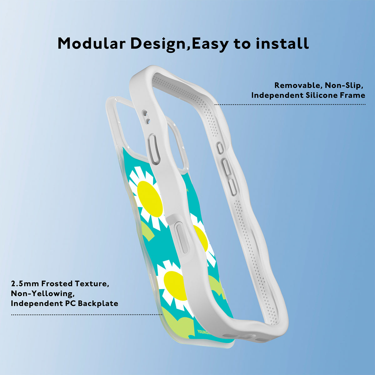 YOUNGKIT Funda CHD4 Floral Wavy para iPhone 16 Pro Max Compatible con MagSafe, Marco de Silicona y Trasera Removible, Manzanilla, Blanco Cloud Dance