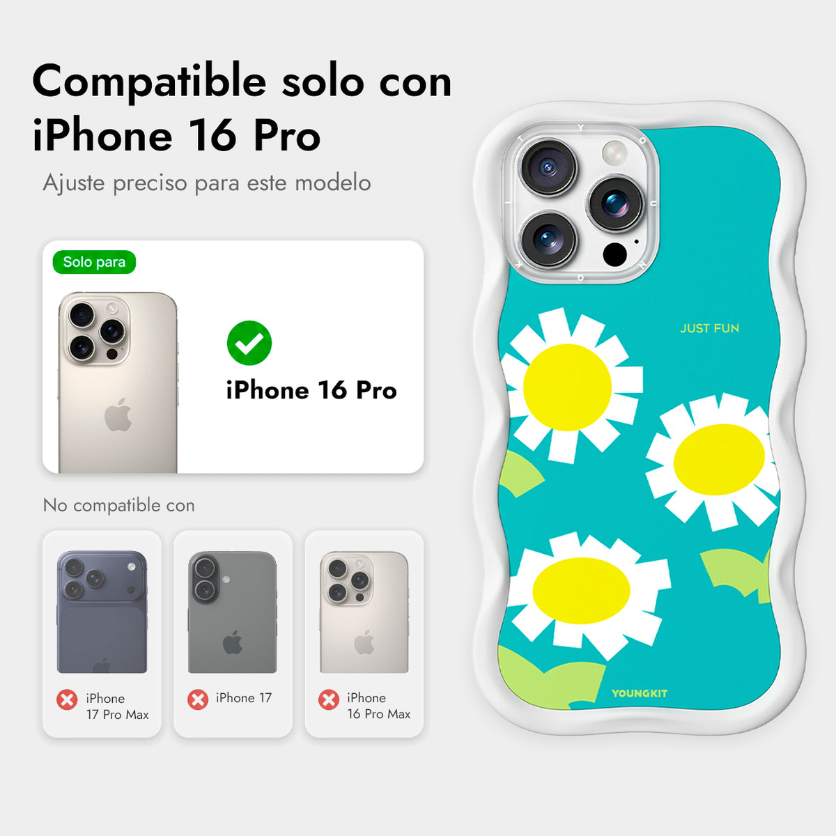 YOUNGKIT Funda CHD4 Floral Wavy para iPhone 16 Pro Compatible con MagSafe, Marco de Silicona y Trasera Removible, Manzanilla, Blanco Cloud Dance