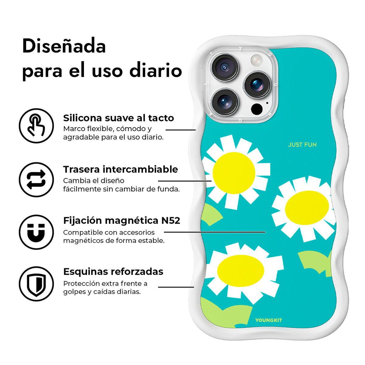 YOUNGKIT Funda CHD4 Floral Wavy para iPhone 16 Pro Max Compatible con MagSafe, Marco de Silicona y Trasera Removible, Manzanilla, Blanco Cloud Dance