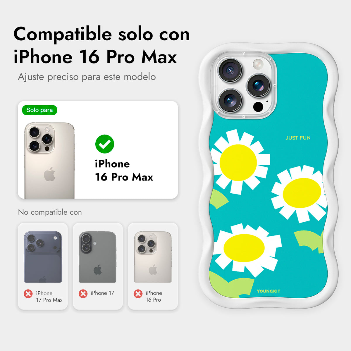 YOUNGKIT Funda CHD4 Floral Wavy para iPhone 16 Pro Max Compatible con MagSafe, Marco de Silicona y Trasera Removible, Manzanilla, Blanco Cloud Dance