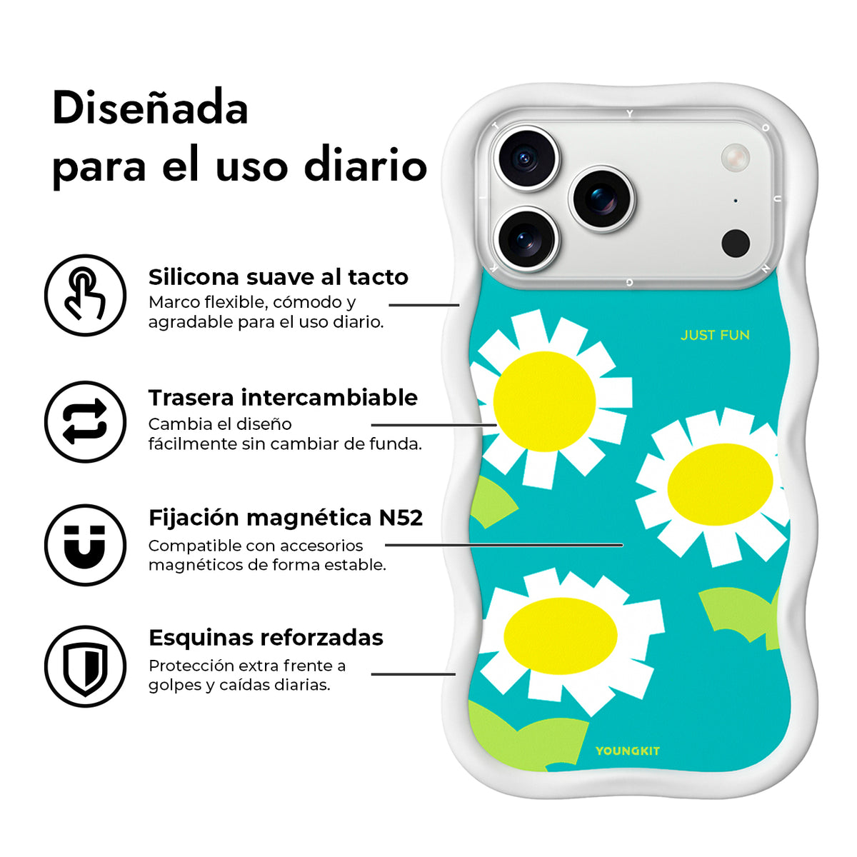 YOUNGKIT Funda Wavy para iPhone 17 Pro/18 Pro Compatible con MagSafe, Manzanilla, Blanco Cloud Dance