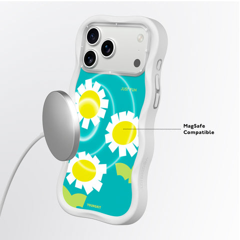 YOUNGKIT Funda CHD4 Floral Wavy para iPhone 17 Pro Max Compatible con MagSafe, Marco de Silicona y Trasera Removible, Manzanilla, Blanco Cloud Dance