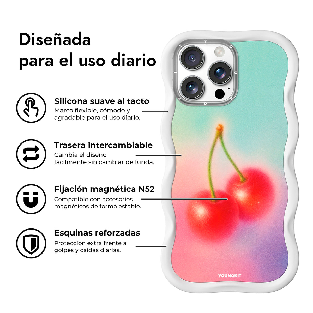 YOUNGKIT Funda CHD4 Summer Wavy para iPhone 16 Pro Compatible con MagSafe, Marco de Silicona y Trasera Removible, Cereza, Blanco Cloud Dance