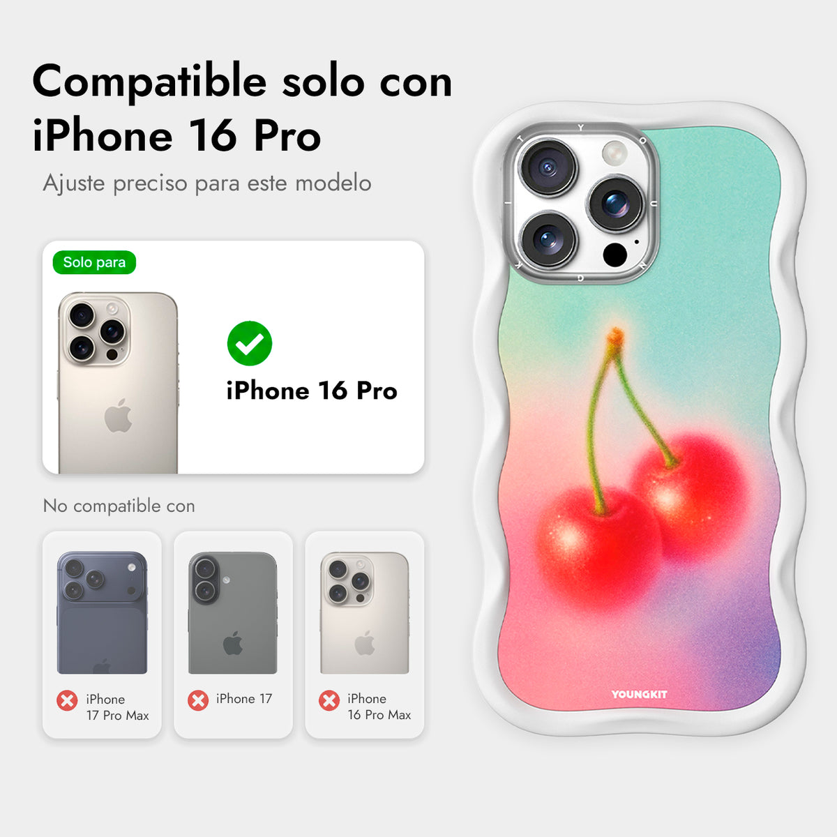 YOUNGKIT Funda CHD4 Summer Wavy para iPhone 16 Pro Compatible con MagSafe, Marco de Silicona y Trasera Removible, Cereza, Blanco Cloud Dance