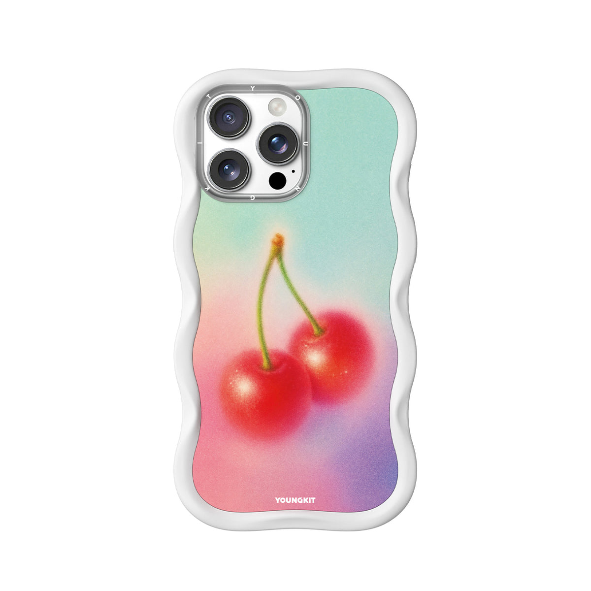 YOUNGKIT Funda CHD4 Summer Wavy para iPhone 16 Pro Max Compatible con MagSafe, Marco de Silicona y Trasera Removible, Cereza, Blanco Cloud Dance