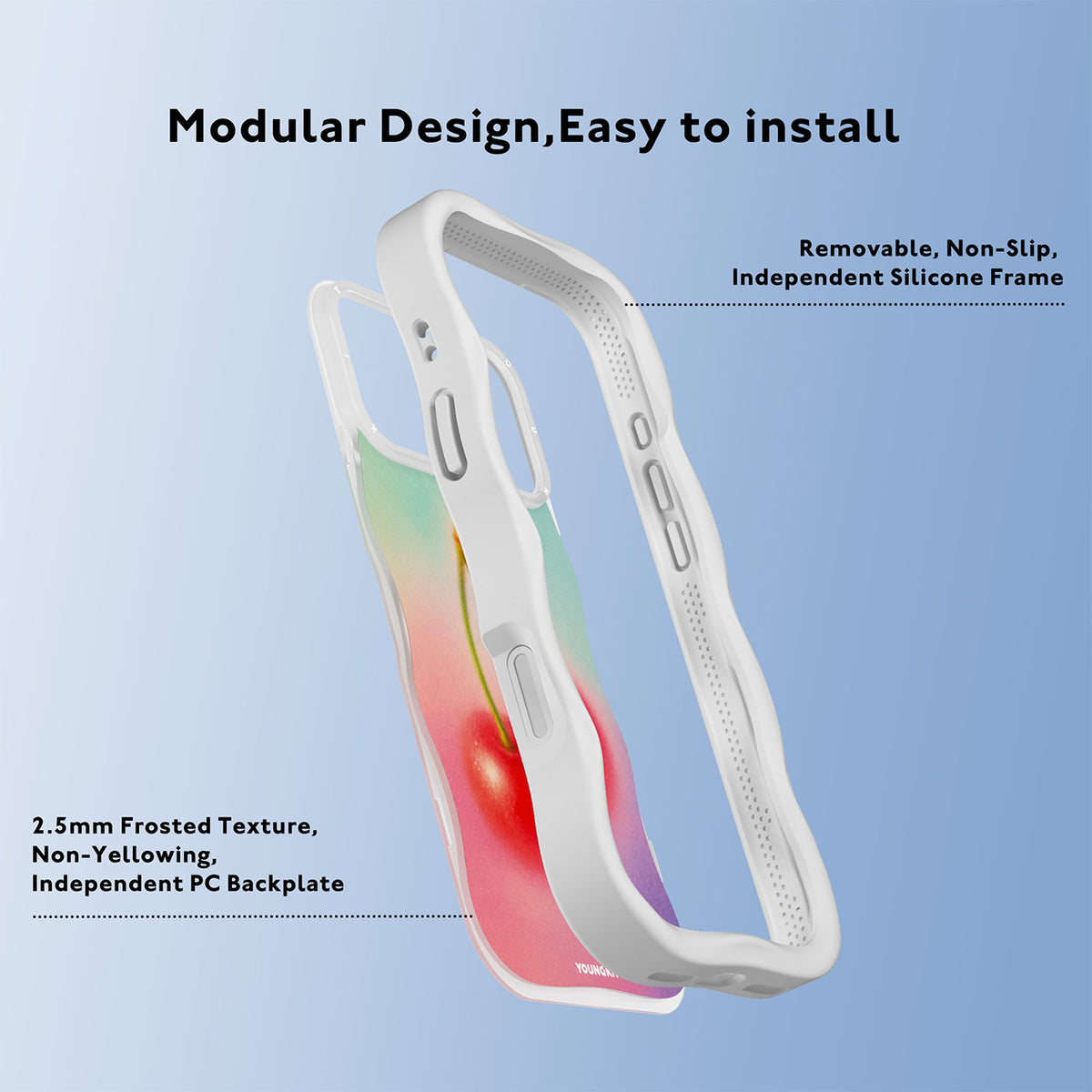 YOUNGKIT Funda CHD4 Summer Wavy para iPhone 16 Pro Max Compatible con MagSafe, Marco de Silicona y Trasera Removible, Cereza, Blanco Cloud Dance