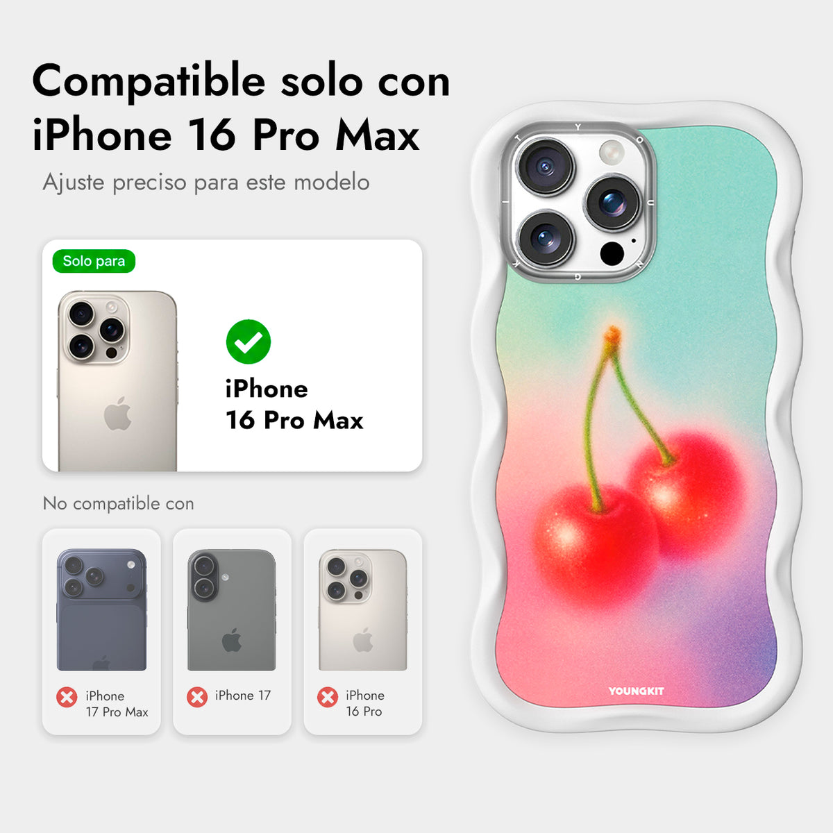 YOUNGKIT Funda CHD4 Summer Wavy para iPhone 16 Pro Max Compatible con MagSafe, Marco de Silicona y Trasera Removible, Cereza, Blanco Cloud Dance