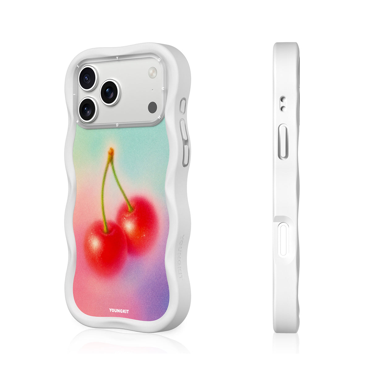 YOUNGKIT Funda Wavy para iPhone 17 Pro/18 Pro Compatible con MagSafe, Cereza, Blanco Cloud Dance
