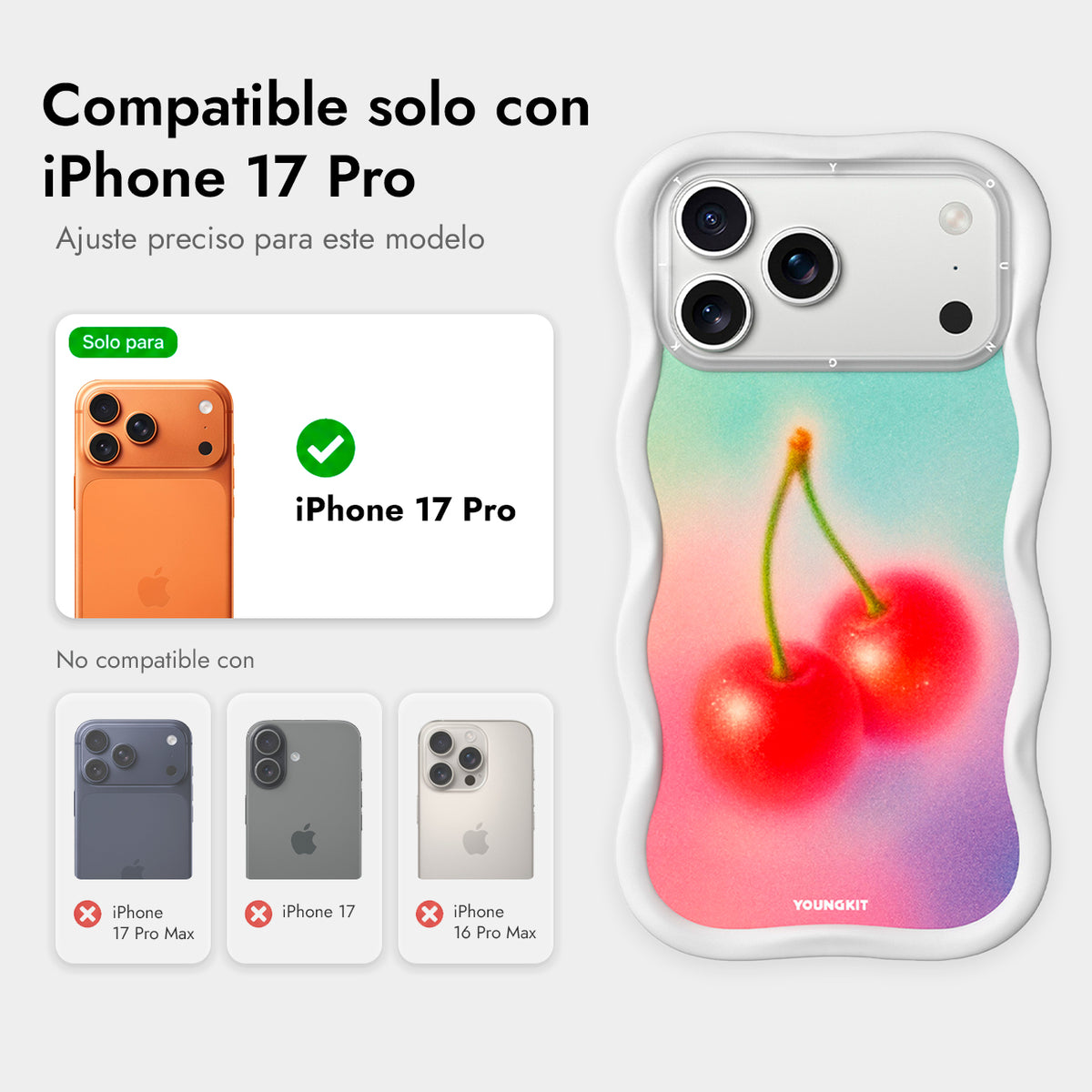 YOUNGKIT Funda Wavy para iPhone 17 Pro/18 Pro Compatible con MagSafe, Cereza, Blanco Cloud Dance