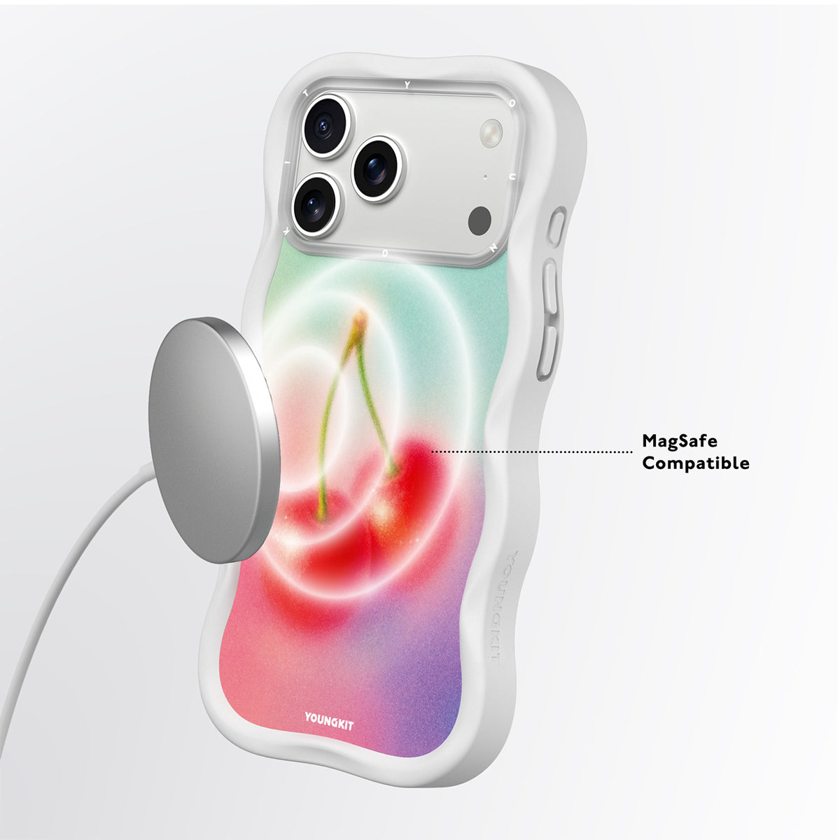 YOUNGKIT Funda Wavy para iPhone 17 Pro Max/18 Pro Max Compatible con MagSafe, Cereza, Blanco Cloud Dance