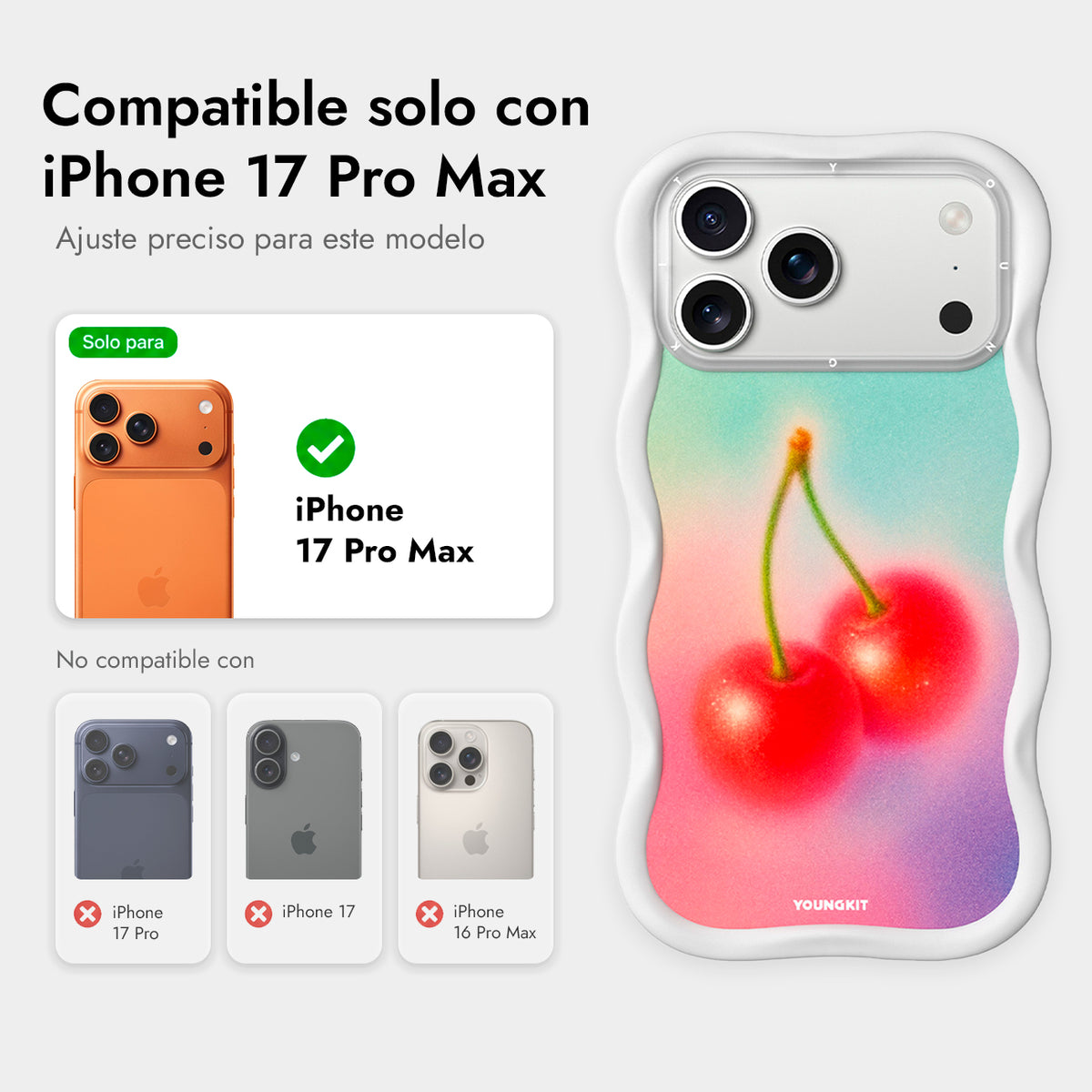 YOUNGKIT Funda Wavy para iPhone 17 Pro Max/18 Pro Max Compatible con MagSafe, Cereza, Blanco Cloud Dance