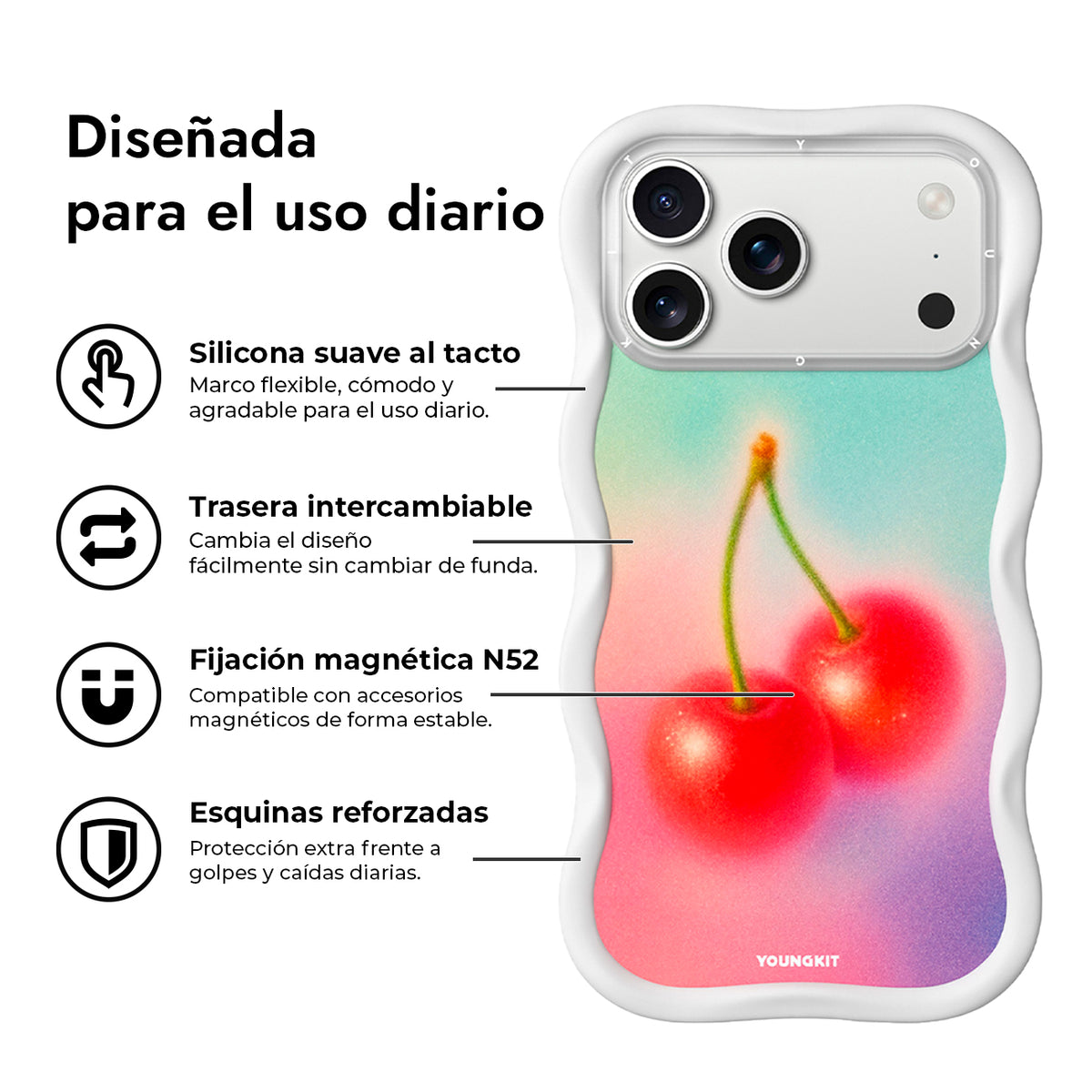 YOUNGKIT Funda Wavy para iPhone 17 Pro Max/18 Pro Max Compatible con MagSafe, Cereza, Blanco Cloud Dance