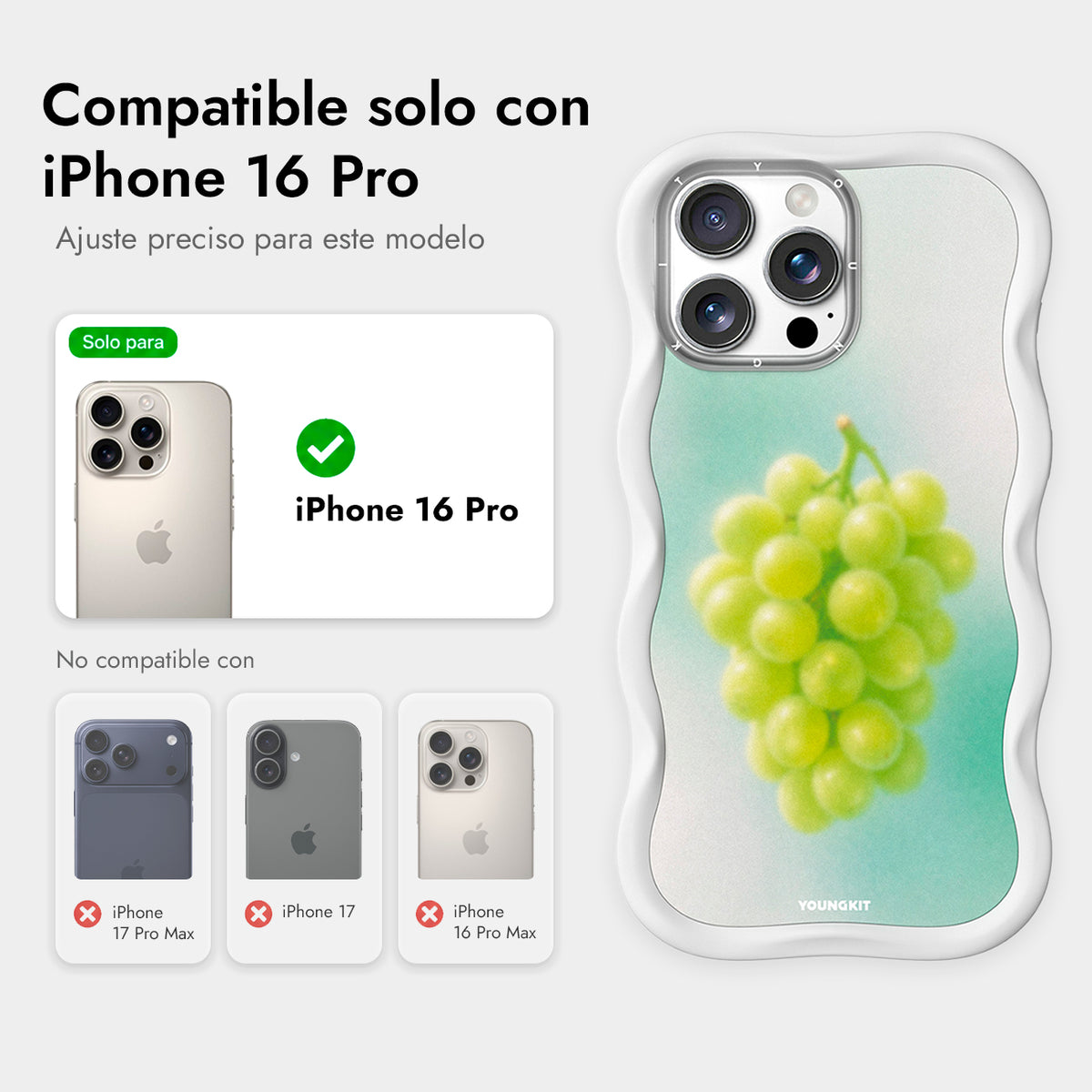 YOUNGKIT Funda CHD4 Summer Wavy para iPhone 16 Pro Compatible con MagSafe, Marco de Silicona y Trasera Removible, Uva Verde, Blanco Cloud Dance