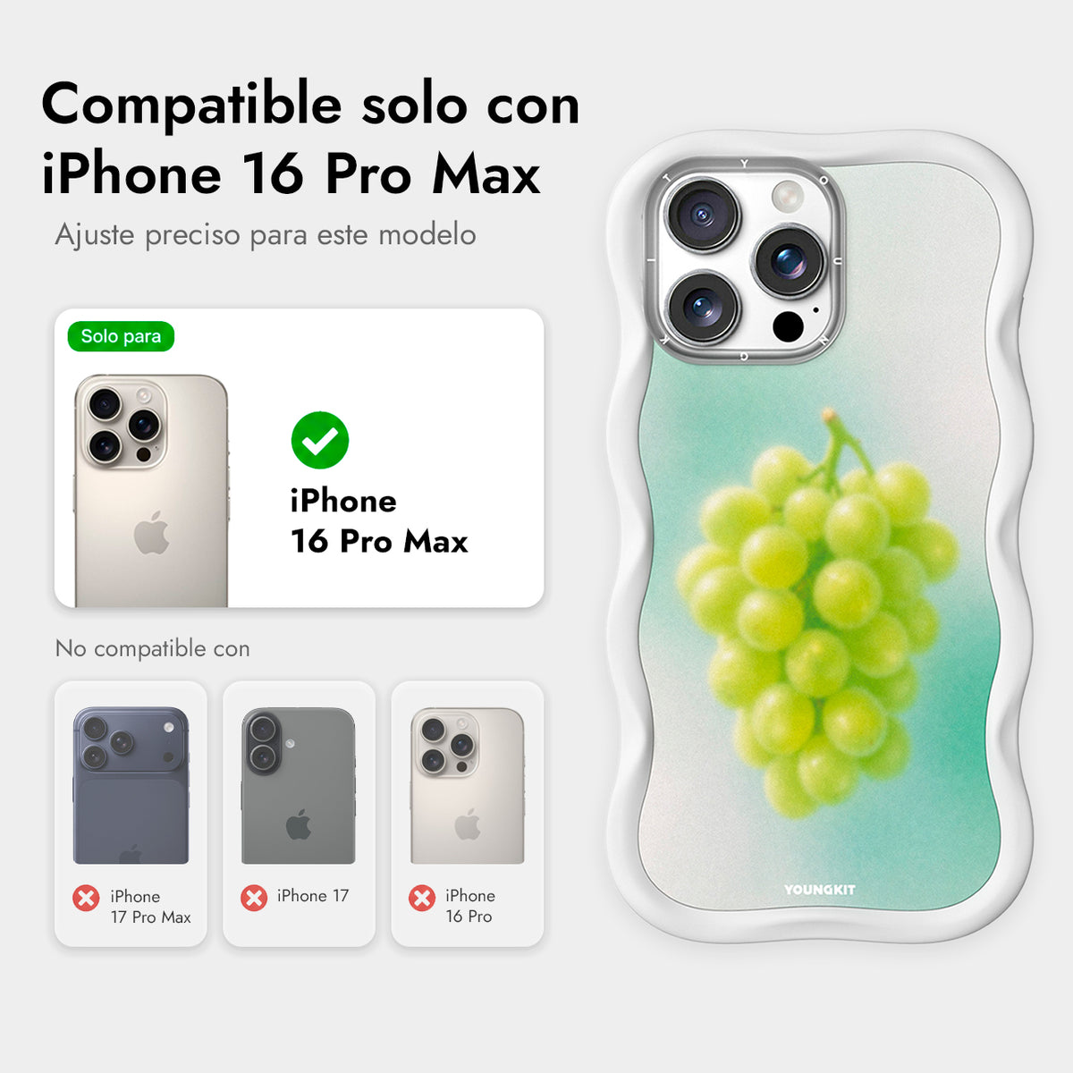 YOUNGKIT Funda CHD4 Summer Wavy para iPhone 16 Pro Max Compatible con MagSafe, Marco de Silicona y Trasera Removible, Uva Verde, Blanco Cloud Dance