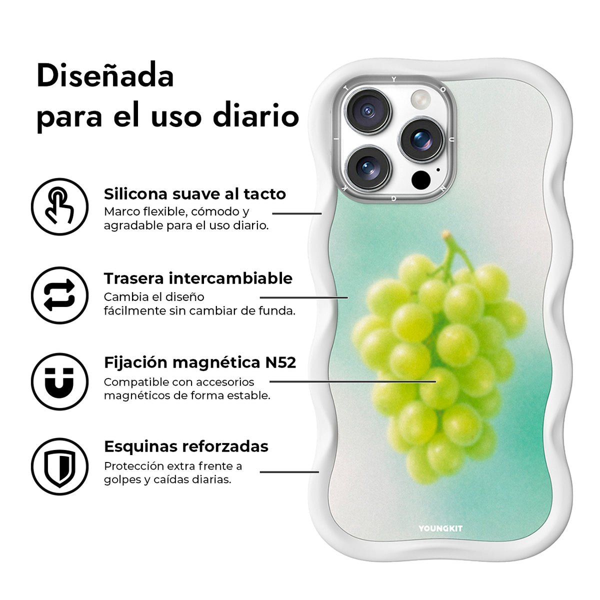 YOUNGKIT Funda CHD4 Summer Wavy para iPhone 16 Pro Max Compatible con MagSafe, Marco de Silicona y Trasera Removible, Uva Verde, Blanco Cloud Dance