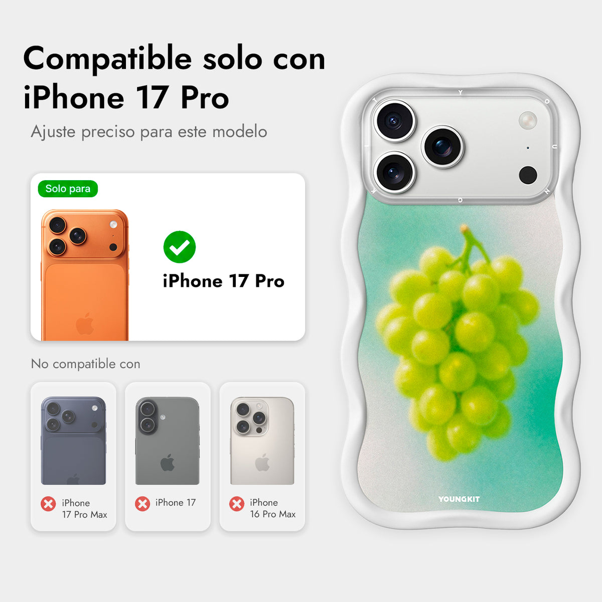 YOUNGKIT Funda Wavy para iPhone 17 Pro/18 Pro Compatible con MagSafe, Uva Verde, Blanco Cloud Dance