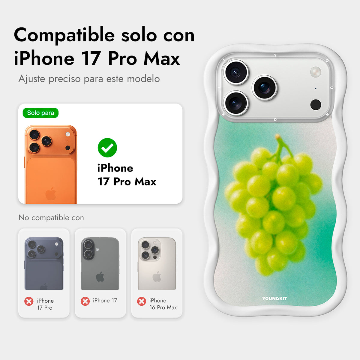 YOUNGKIT Funda Wavy para iPhone 17 Pro Max/18 Pro Max Compatible con MagSafe, Uva Verde, Blanco Cloud Dance