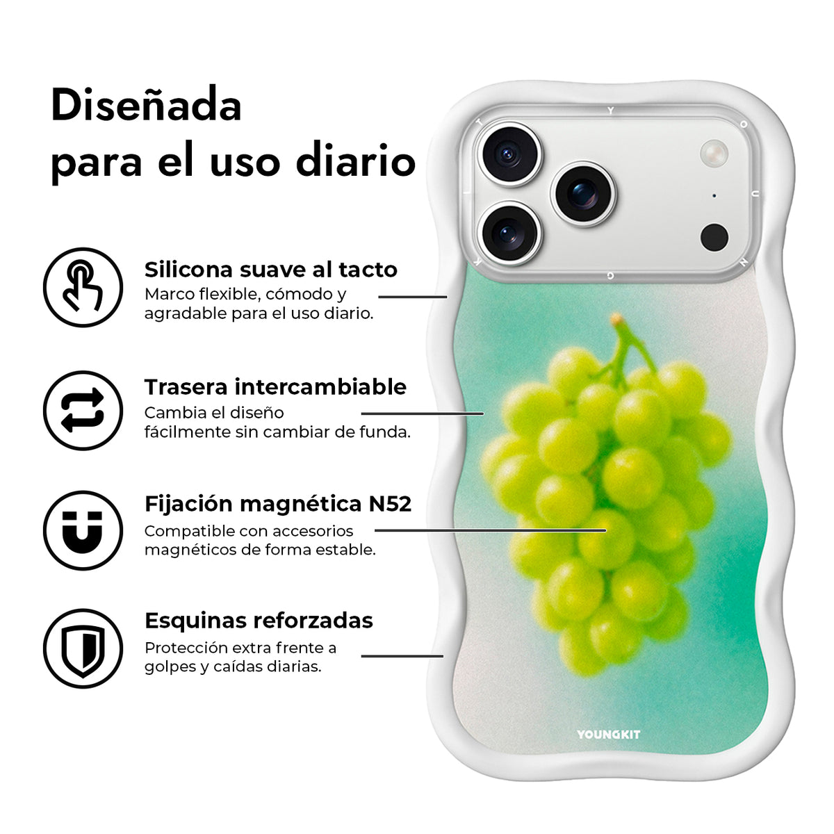 YOUNGKIT Funda Wavy para iPhone 17 Pro Max/18 Pro Max Compatible con MagSafe, Uva Verde, Blanco Cloud Dance