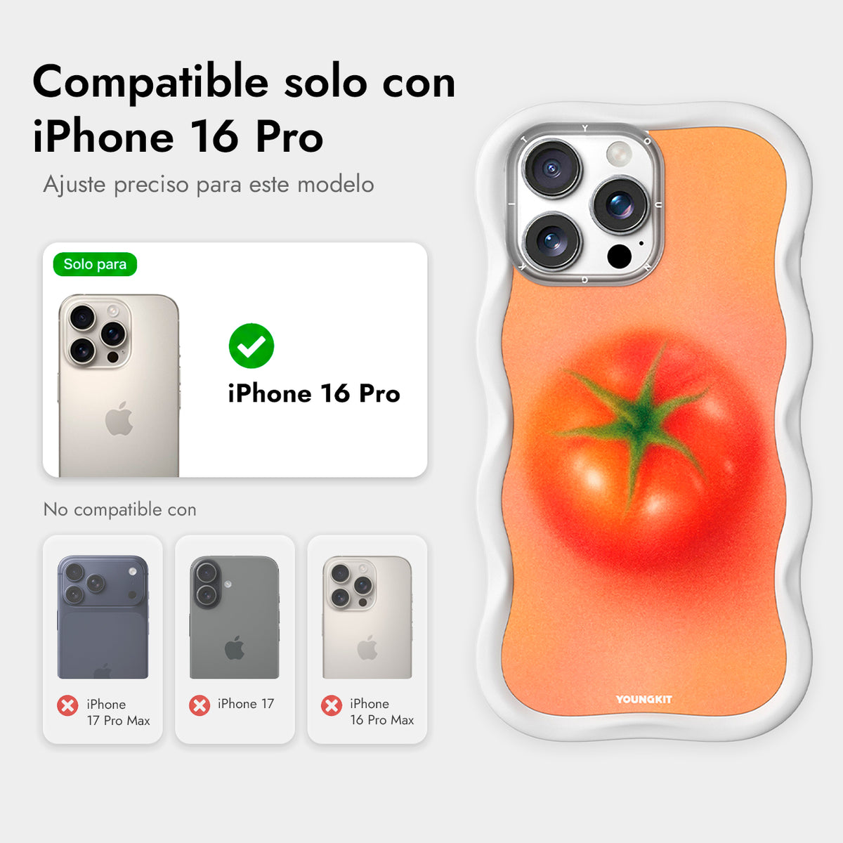 YOUNGKIT Funda CHD4 Summer Wavy para iPhone 16 Pro Compatible con MagSafe, Marco de Silicona y Trasera Removible, Tomate, Blanco Cloud Dance