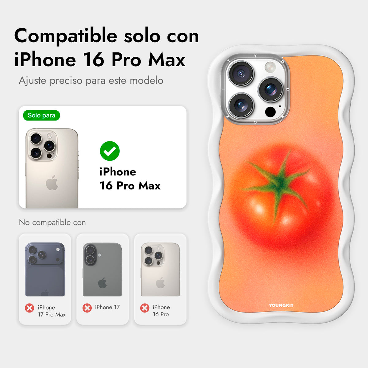 YOUNGKIT Funda CHD4 Summer Wavy para iPhone 16 Pro Max Compatible con MagSafe, Marco de Silicona y Trasera Removible, Tomate, Blanco Cloud Dance
