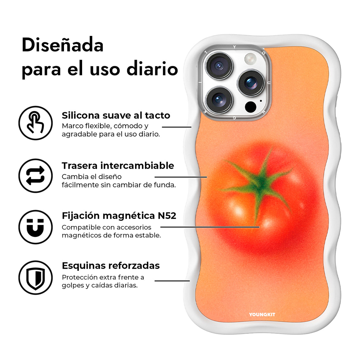 YOUNGKIT Funda CHD4 Summer Wavy para iPhone 16 Pro Max Compatible con MagSafe, Marco de Silicona y Trasera Removible, Tomate, Blanco Cloud Dance