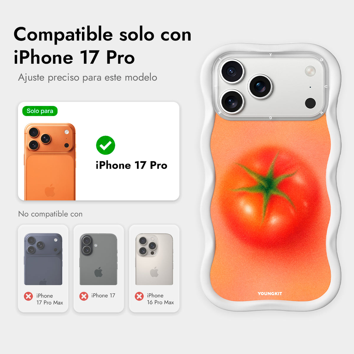 YOUNGKIT Funda Wavy para iPhone 17 Pro/18 Pro Compatible con MagSafe, Tomate, Blanco Cloud Dance