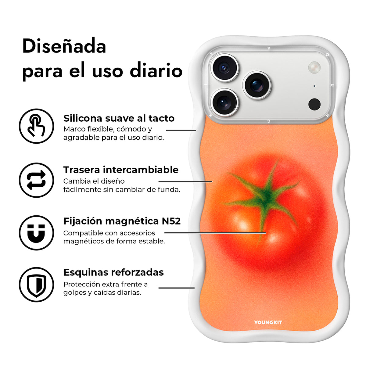 YOUNGKIT Funda Wavy para iPhone 17 Pro/18 Pro Compatible con MagSafe, Tomate, Blanco Cloud Dance