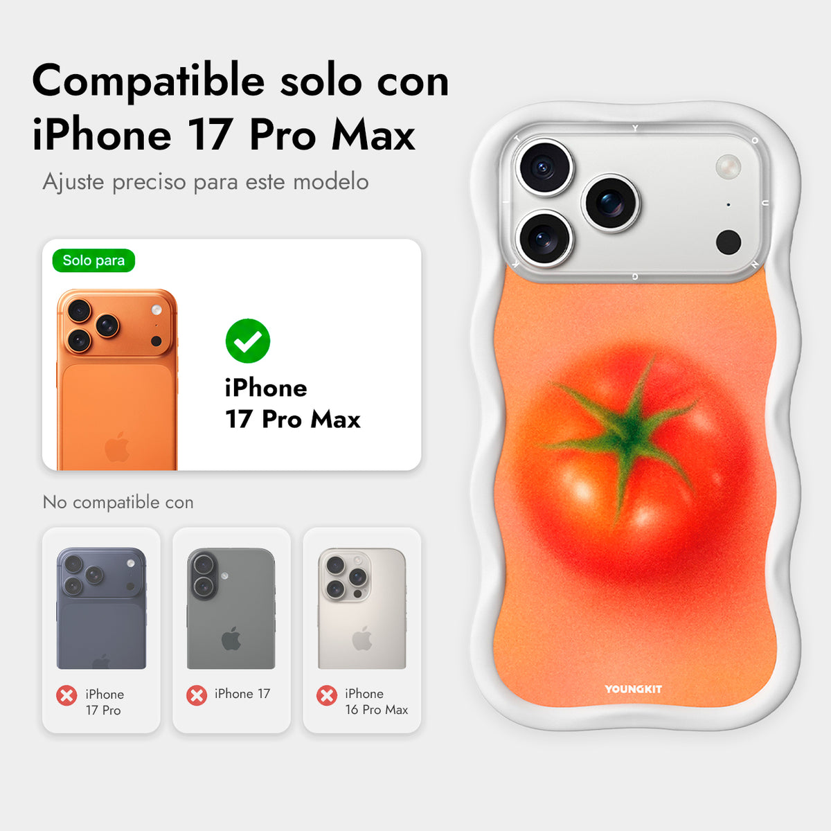 YOUNGKIT Funda Wavy para iPhone 17 Pro Max/18 Pro Max Compatible con MagSafe, Tomate, Blanco Cloud Dance