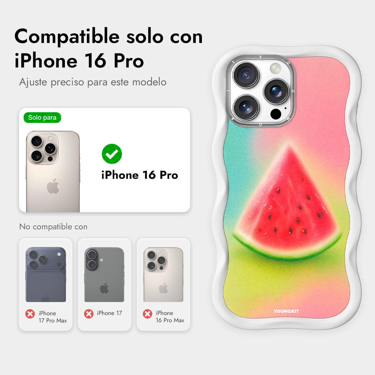 YOUNGKIT Funda CHD4 Summer Wavy para iPhone 16 Pro Compatible con MagSafe, Marco de Silicona y Trasera Removible, Sandía, Blanco Cloud Dance