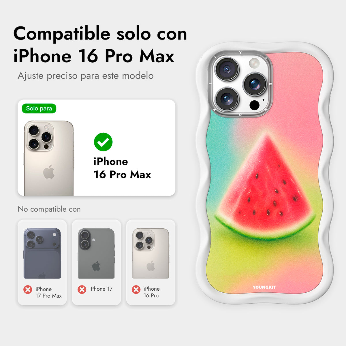 YOUNGKIT Funda CHD4 Summer Wavy para iPhone 16 Pro Max Compatible con MagSafe, Marco de Silicona y Trasera Removible, Sandía, Blanco Cloud Dance