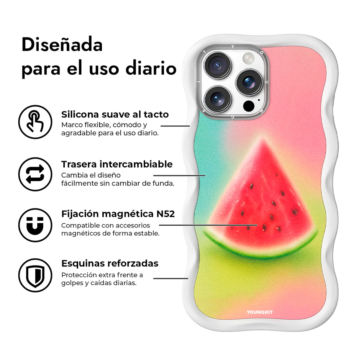 YOUNGKIT Funda CHD4 Summer Wavy para iPhone 16 Pro Compatible con MagSafe, Marco de Silicona y Trasera Removible, Sandía, Blanco Cloud Dance