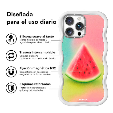 YOUNGKIT Funda CHD4 Summer Wavy para iPhone 16 Pro Max Compatible con MagSafe, Marco de Silicona y Trasera Removible, Sandía, Blanco Cloud Dance