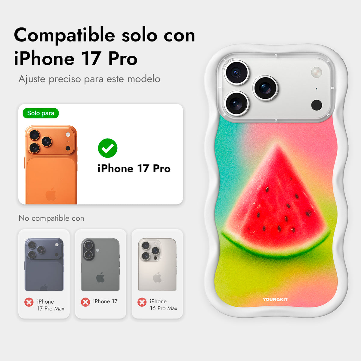 YOUNGKIT Funda Wavy para iPhone 17 Pro/18 Pro Compatible con MagSafe, Sandía, Blanco Cloud Dance