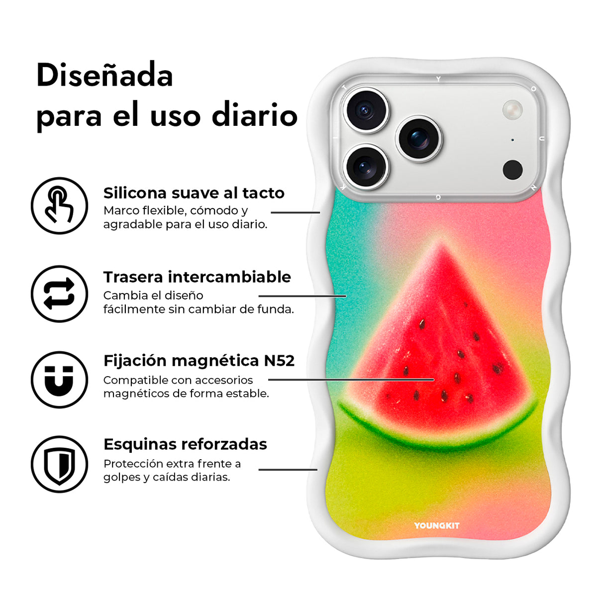 YOUNGKIT Funda Wavy para iPhone 17 Pro/18 Pro Compatible con MagSafe, Sandía, Blanco Cloud Dance