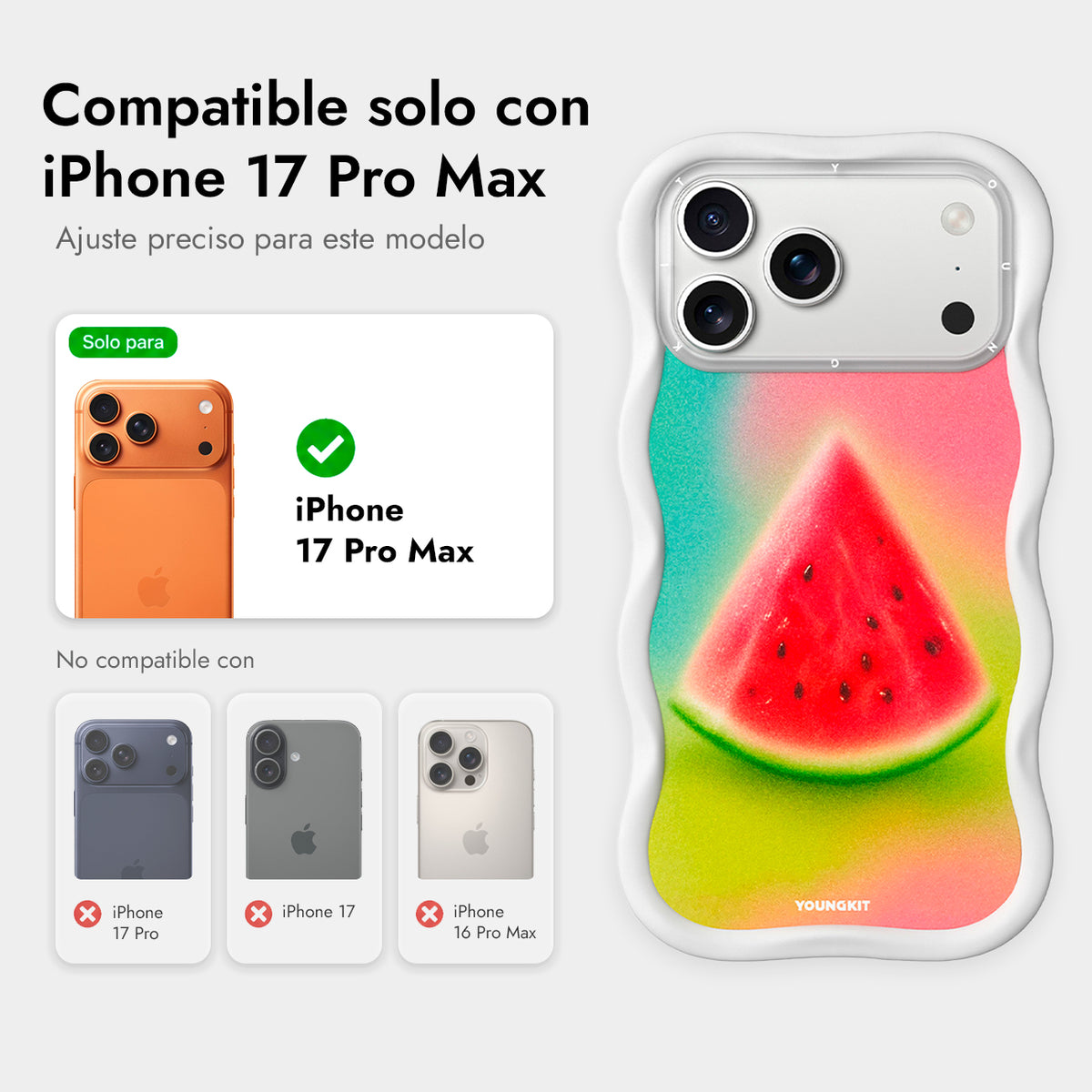 YOUNGKIT Funda Wavy para iPhone 17 Pro Max/18 Pro Max Compatible con MagSafe, Sandía, Blanco Cloud Dance