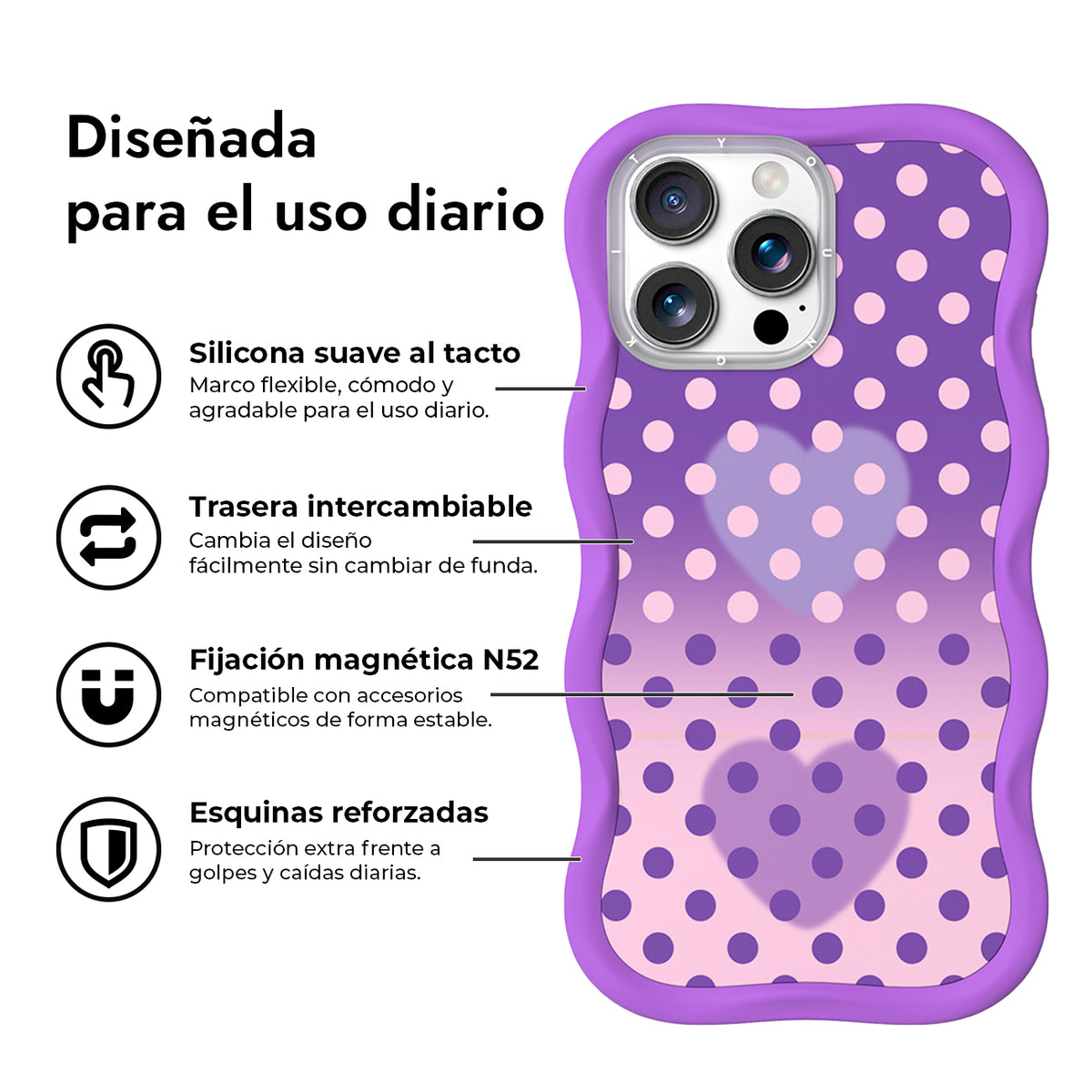 YOUNGKIT Funda CHD4 Sweetheart Wavy para iPhone 16 Pro Compatible con MagSafe, Marco de Silicona y Trasera Removible, Morado Fantasía, Lavanda