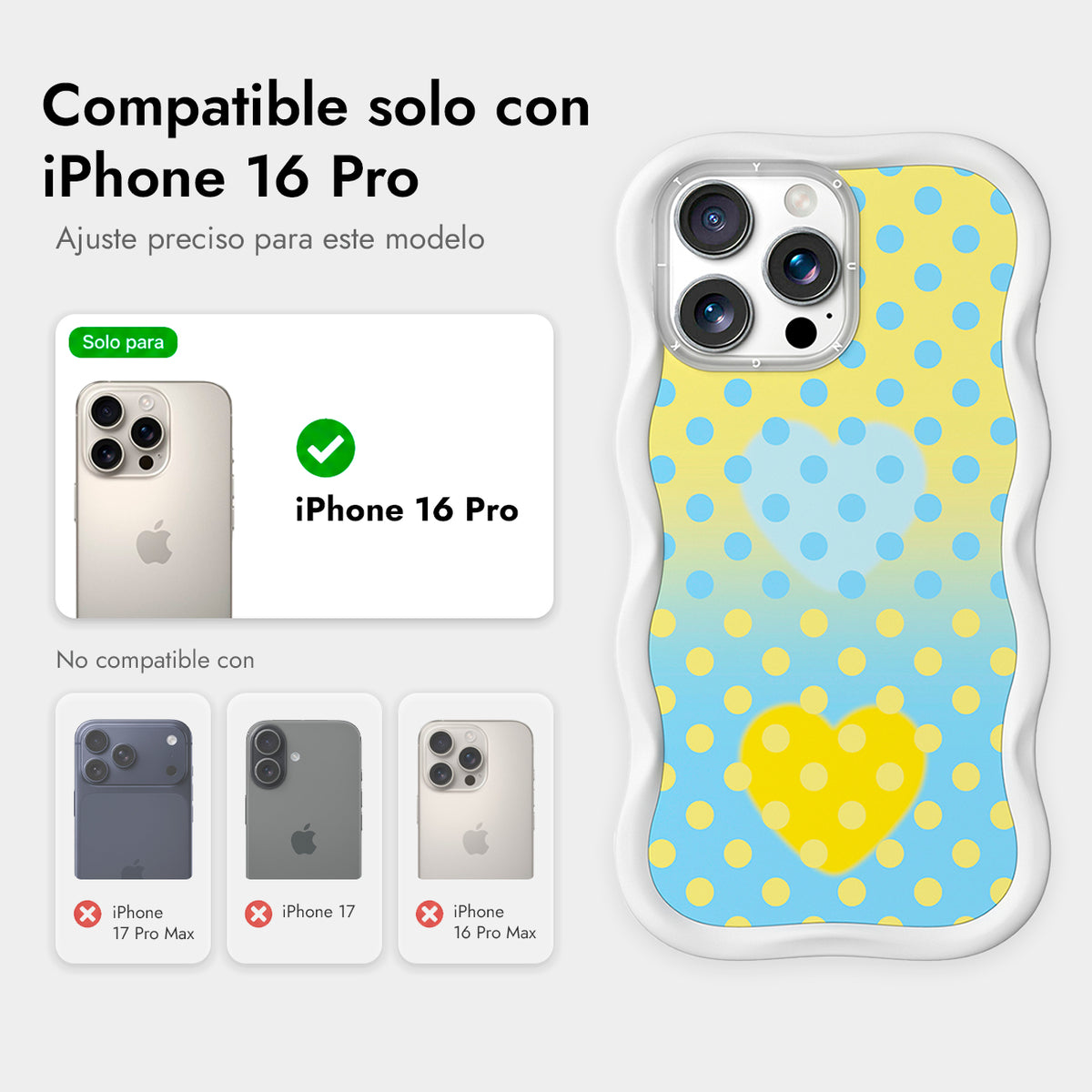 YOUNGKIT Funda CHD4 Sweetheart Wavy para iPhone 16 Pro Compatible con MagSafe, Marco de Silicona y Trasera Removible, Crema Azul, Blanco Cloud Dance